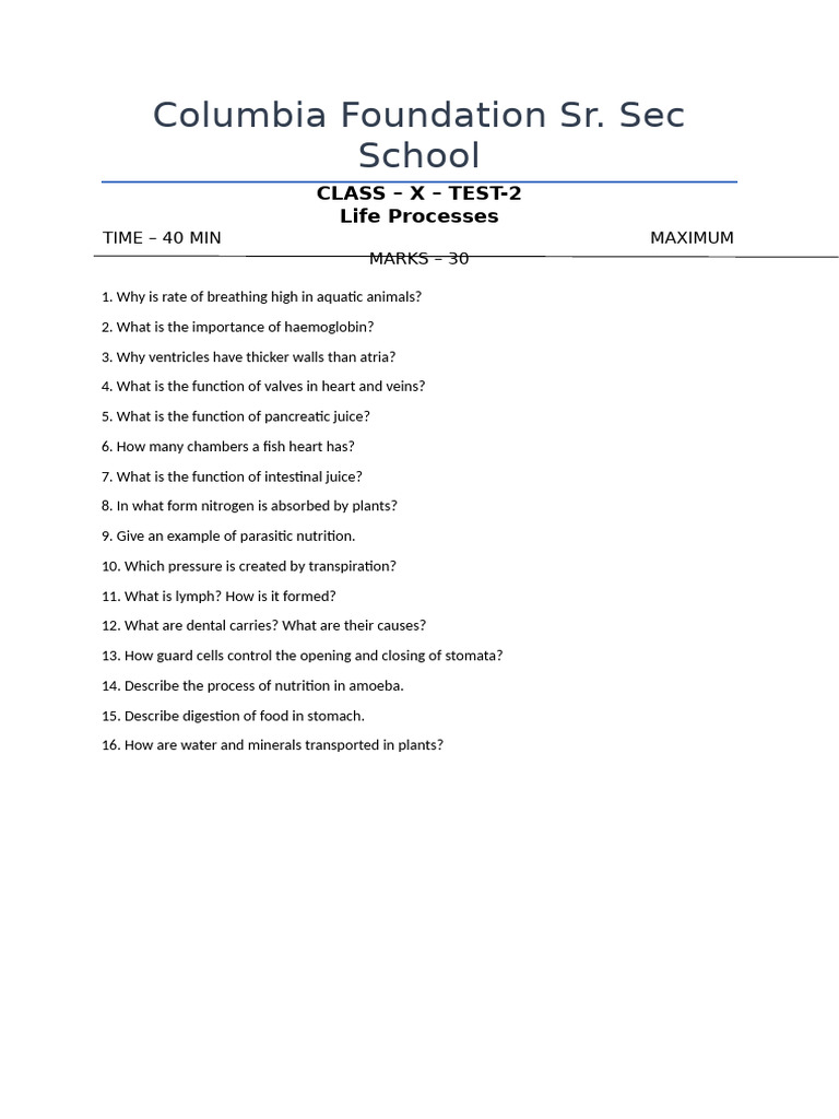 Class X Life Processes Test Questions | PDF