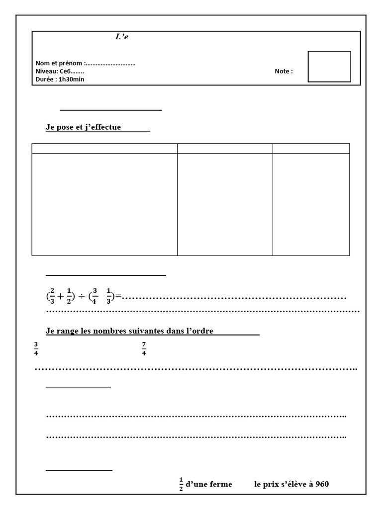Examen Normalisé Math 6ème 2025 Maroc | PDF