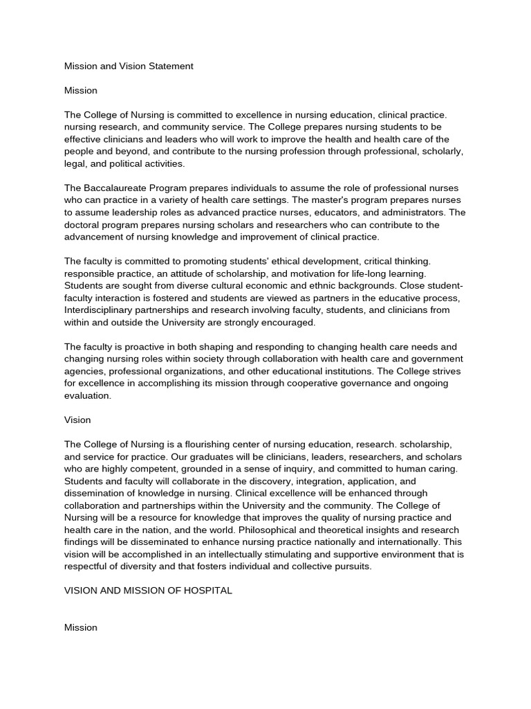 Nursing College Mission and Vision Statements | PDF | Nursing | Health Care