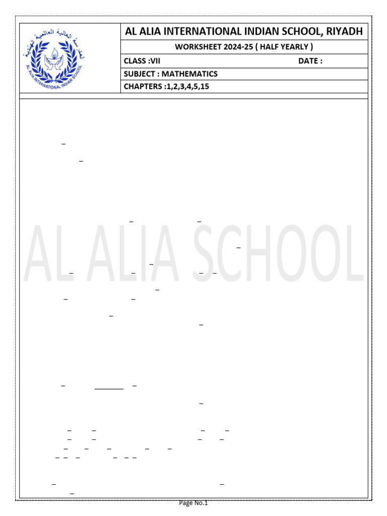Class VII Maths Worksheet 2024-25 | PDF | Mathematical Concepts ...