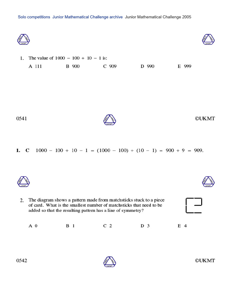 Solo Competitions Junior Mathematical Challenge Archive | PDF