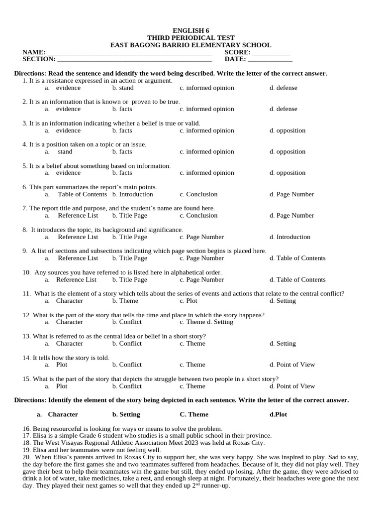 3rd Quarter Test English Grade 6 | PDF | Evidence | Argument