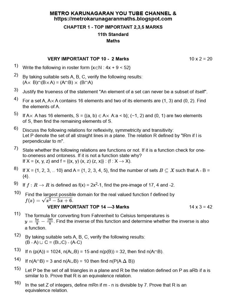 11th Standard Maths Important Questions | PDF