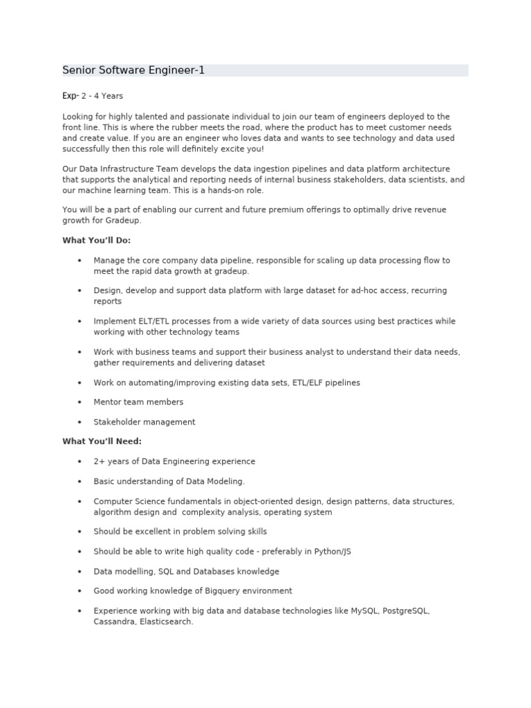 Senior Software Engineer - Data Engineer | PDF | Data | Computing