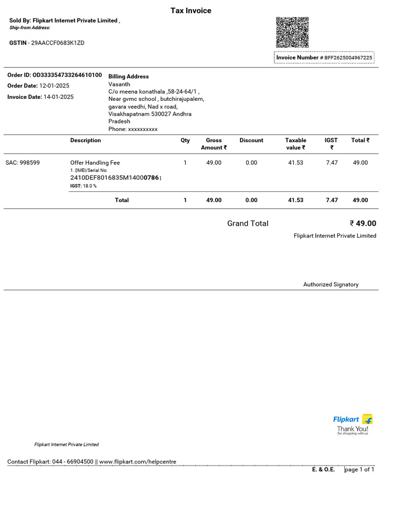 Detailed Tax Invoices for Vasanth's Orders | PDF