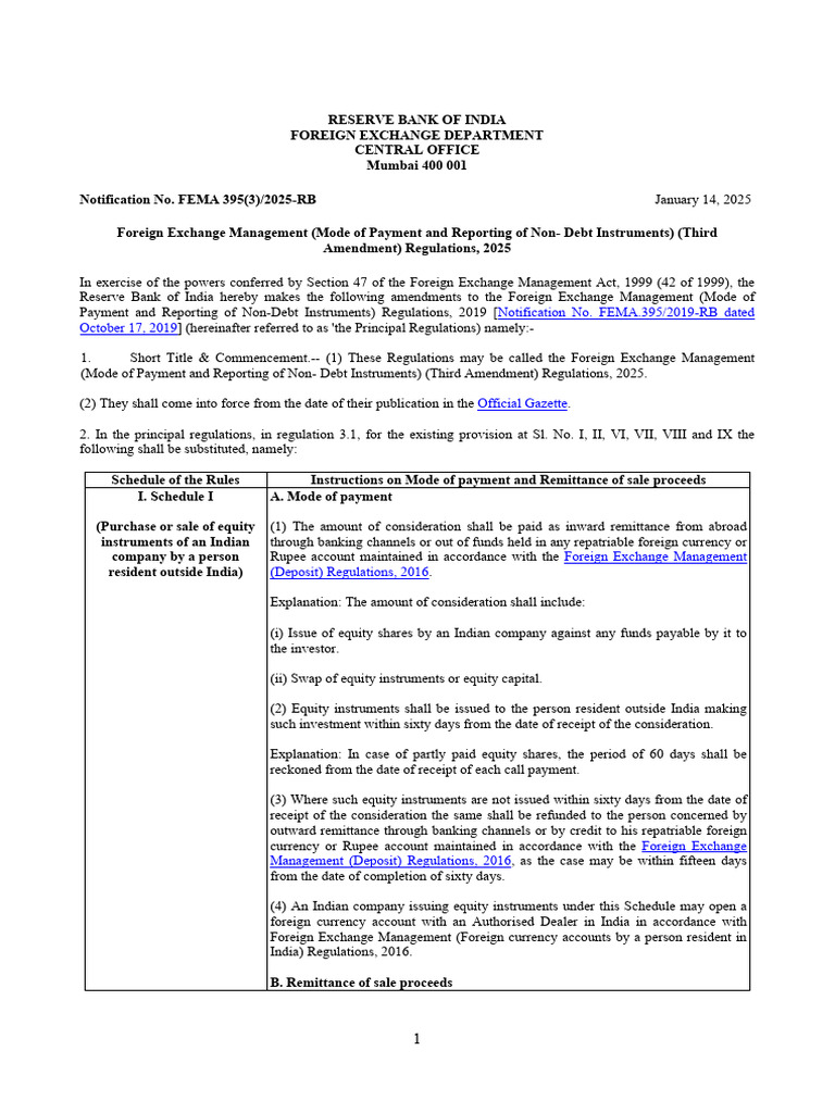RBI Non-Debt Instruments Payment Regulations | PDF | Foreign Exchange ...