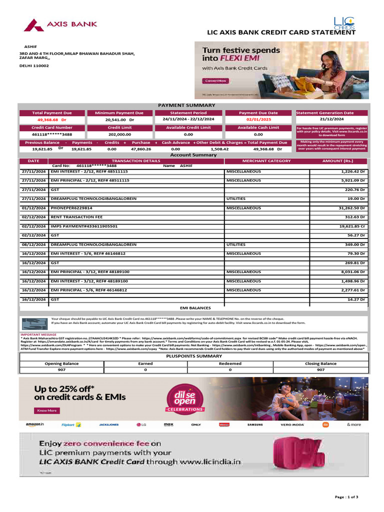 LIC Axis Bank Credit Card Statement | PDF | Credit Card | Payments