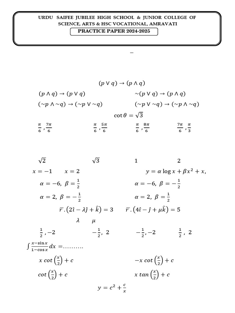 Mathematics Practice Paper 2024-2025 | PDF | Area | Equations