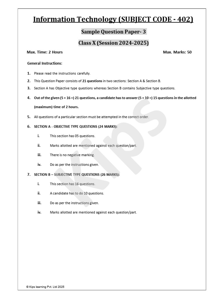 Class X IT Sample Question Paper 2024-25 | PDF | Spreadsheet ...