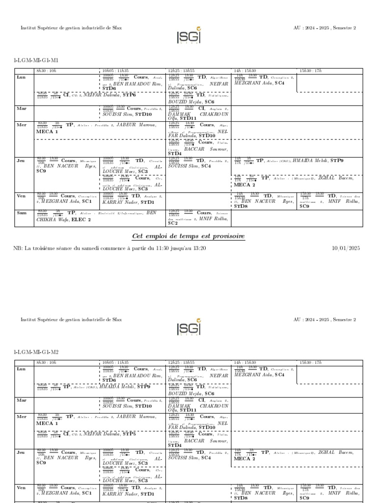 Emploi du temps 2024-2025 Sfax | PDF | Informatique | Informatique