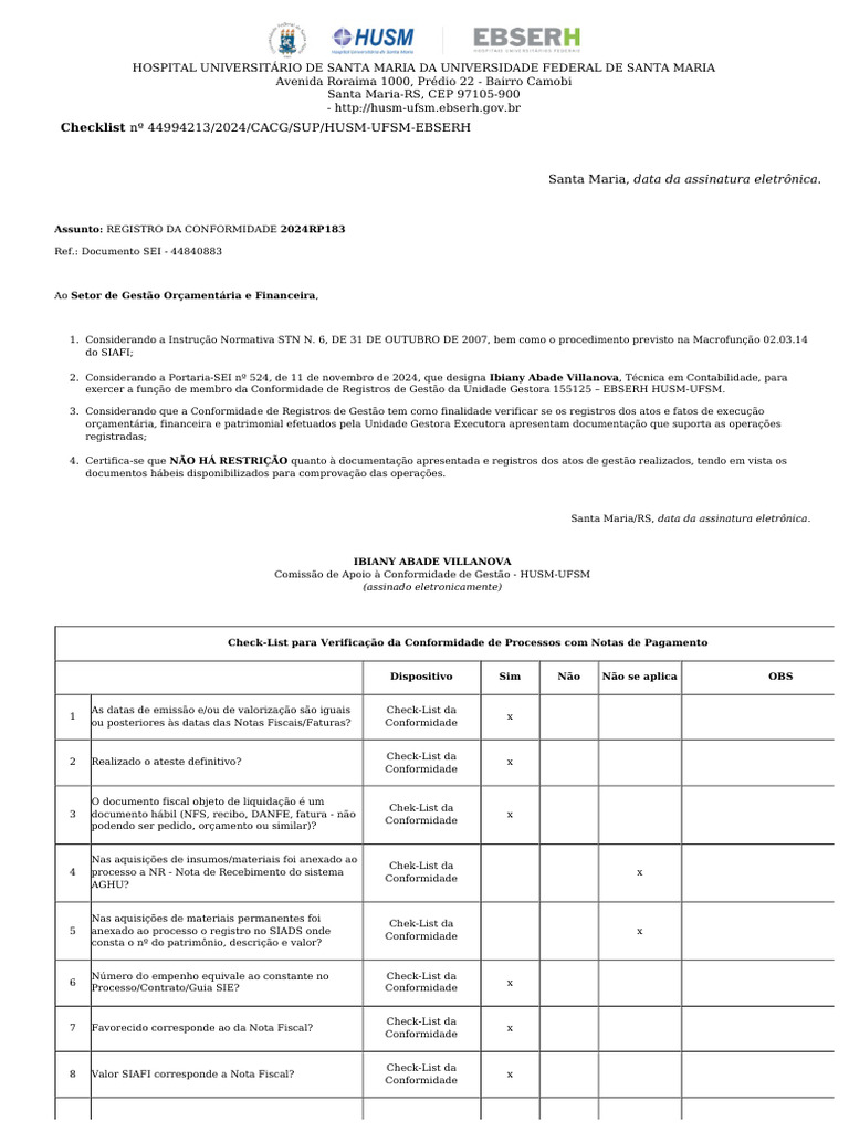 Checklist de Conformidade HUSM 2024 | PDF