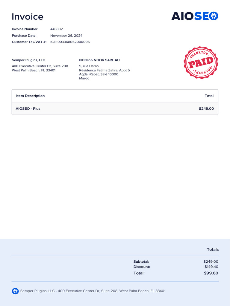 Invoice for AIOSEO Plus Purchase | PDF