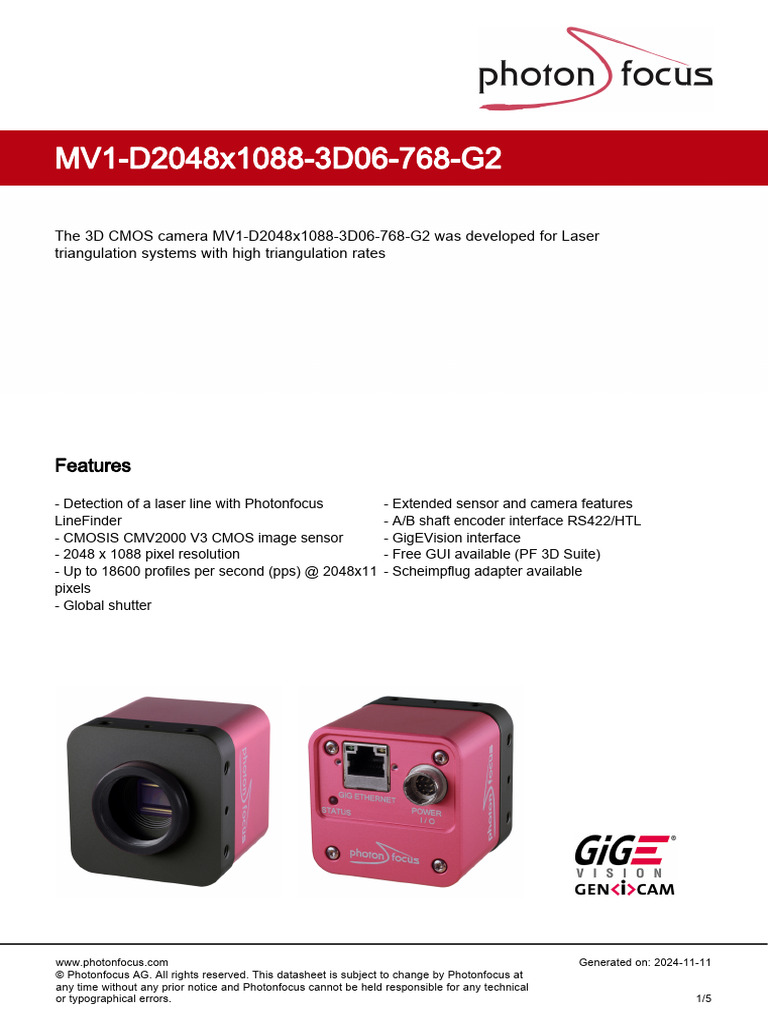 Photonfocus - Datasheet - MV1 D2048x1088 3D06 768 G2 | PDF | Digital ...