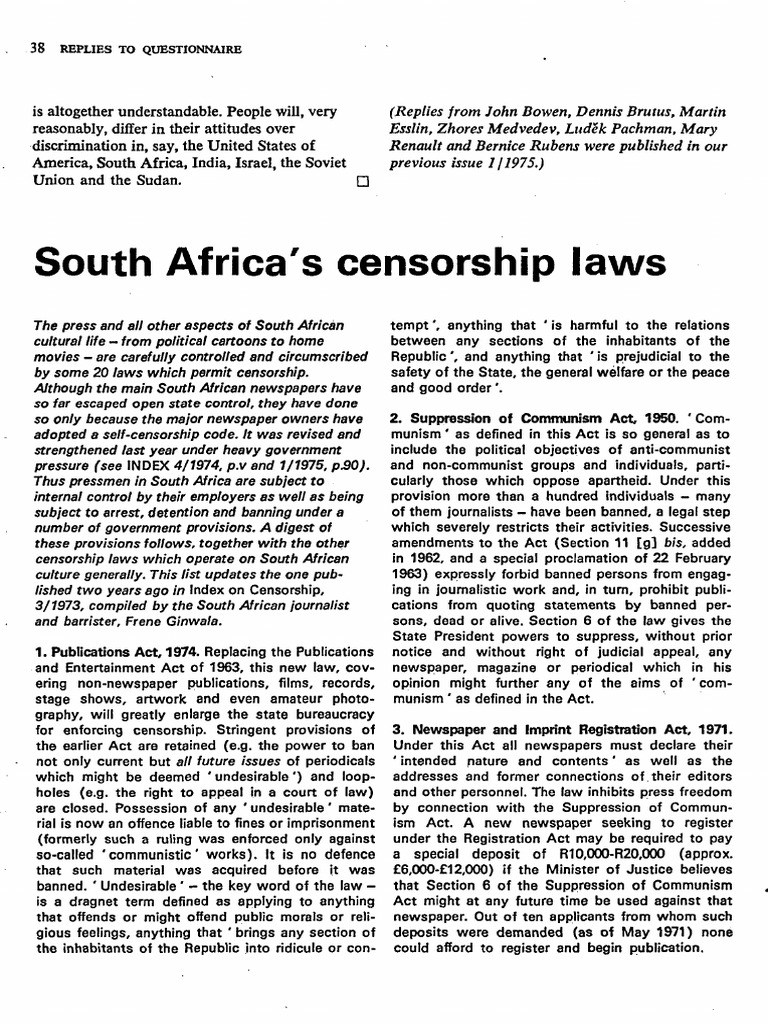 1975 South Africa S Censorship Laws | PDF | Censorship | Justice