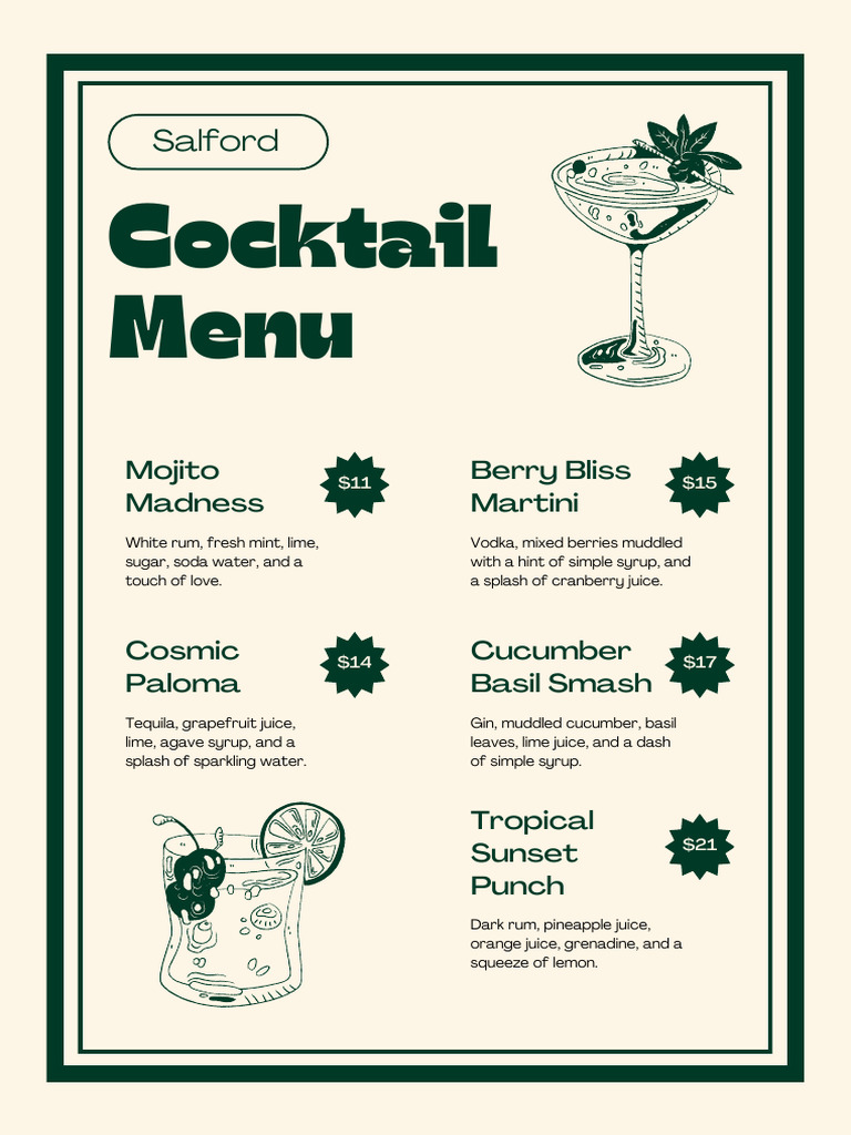 Green and Cream Modern Simple Vintage Illustrative Cocktail Drink Menu ...