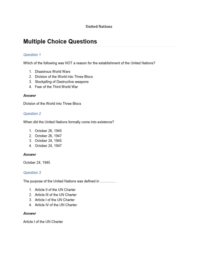 United Nations: Key Facts and Quiz | PDF | United Nations ...