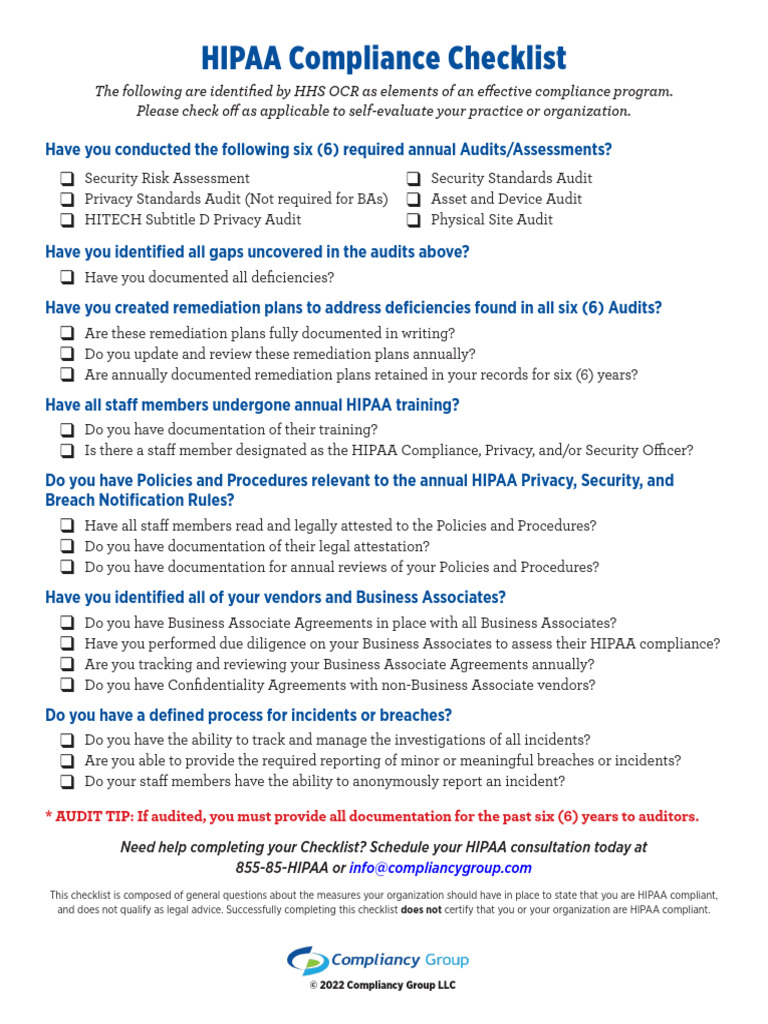 Hip A A Compliance Checklist 2022 | PDF | Health Insurance Portability ...