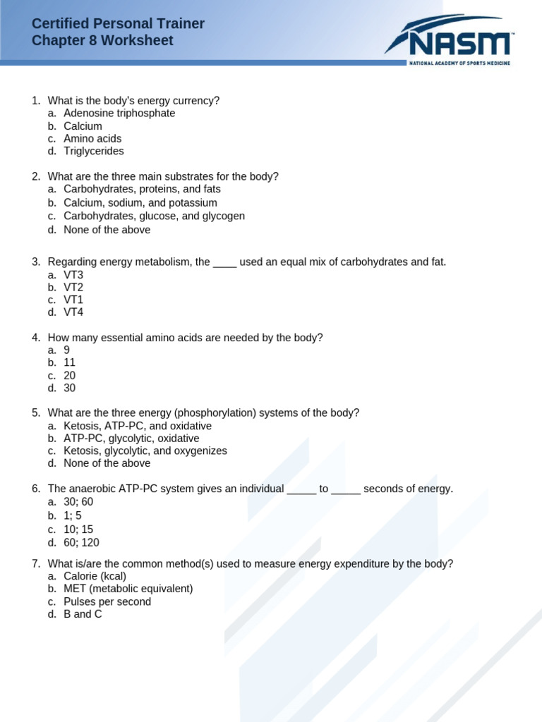 NASM CPT7 Chapter 8 Worksheet PDF Cellular Respiration Metabolism
