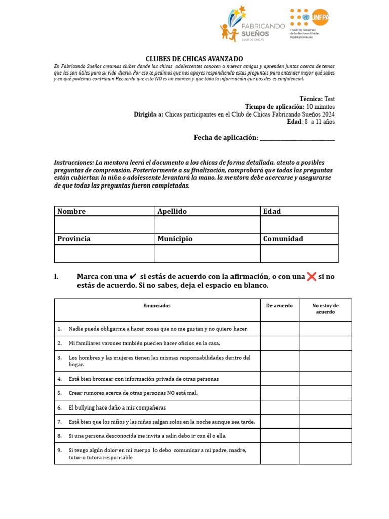 Modelo de Test para Clubes Avanzados 8-11 | PDF | Ciclo menstrual ...