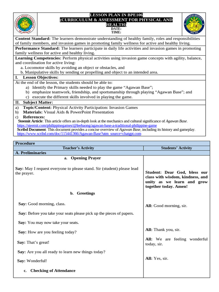 Lesson Plan: Agawan Base Game Skills | PDF | Human Communication | Pedagogy