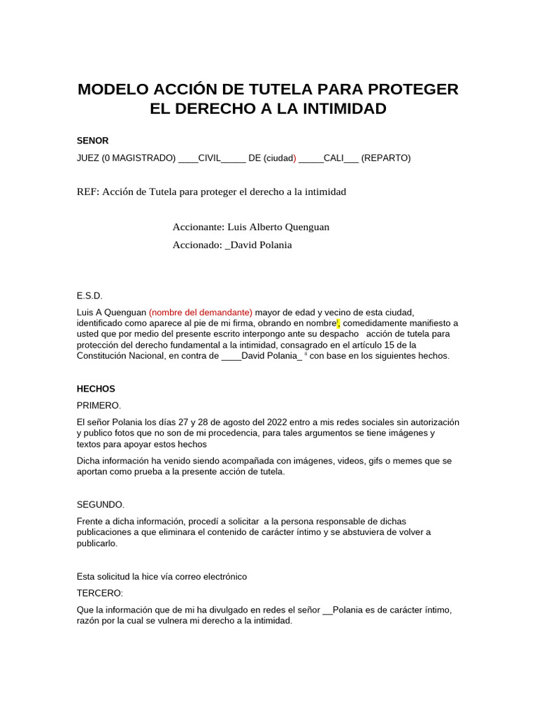 Acción de Tutela por Intimidad Vulnerada | PDF | Derecho Constitucional ...