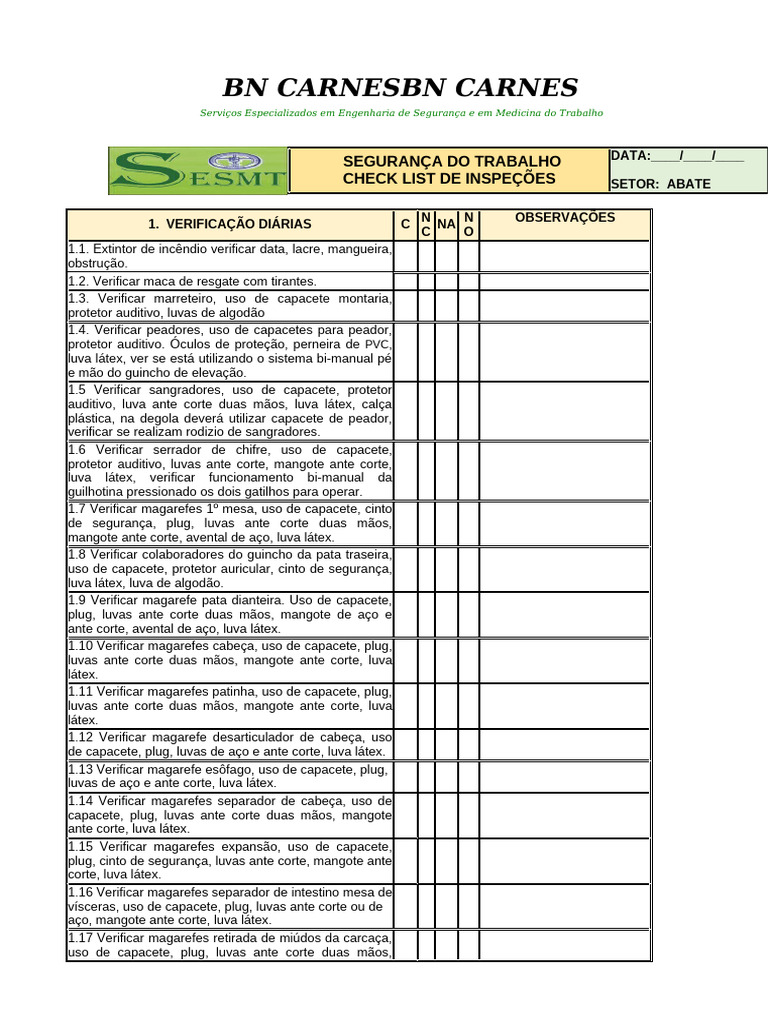 Check List de Segurança no Abate | PDF | Capacete