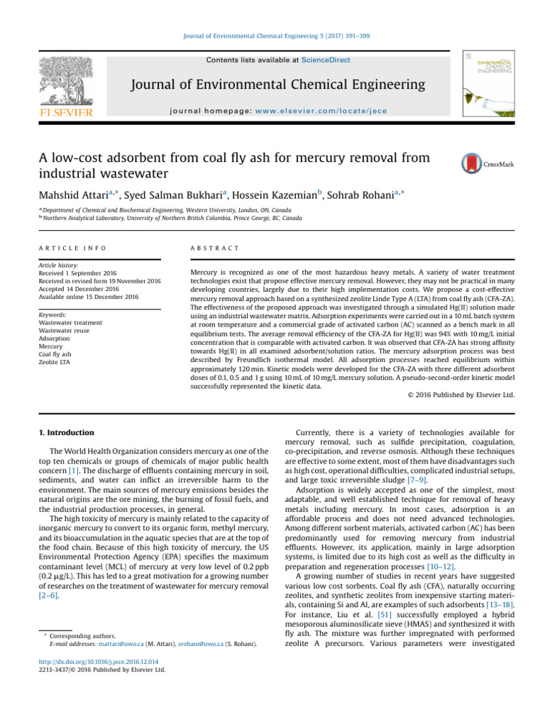 A Low-Cost Adsorbent From Coal Fly Ash For Mercury Removal From ...