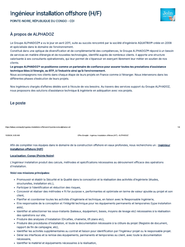 Ingenieur Installation OFFSHORE Job Description | PDF