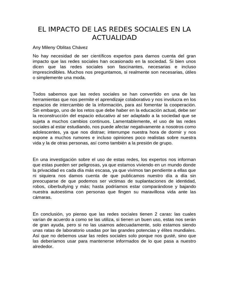 Impacto de las Redes Sociales en la Sociedad | PDF