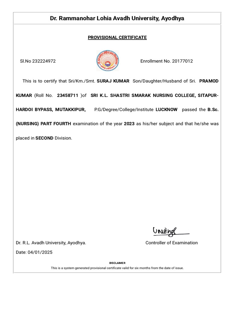 RMLAU B.Sc. Nursing Provisional Certificate | PDF
