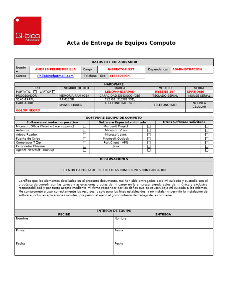 Acta de Entrega de Equipos de Cómputo | PDF | Microsoft | Ordenador ...