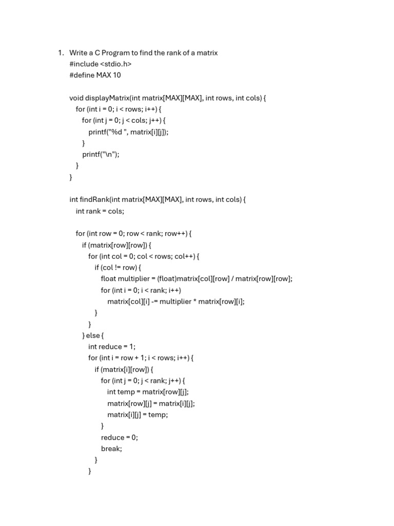 C Program to Calculate Matrix Rank | PDF
