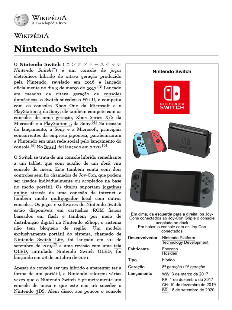 História do Nintendo Switch | PDF | Nintendo | Consoles de videogame