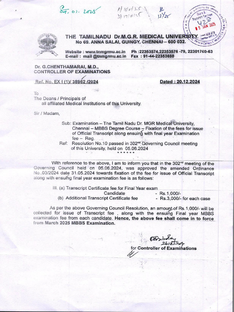 Letter From Dr. MGR University Regarding Transcript Certificate Fee ...