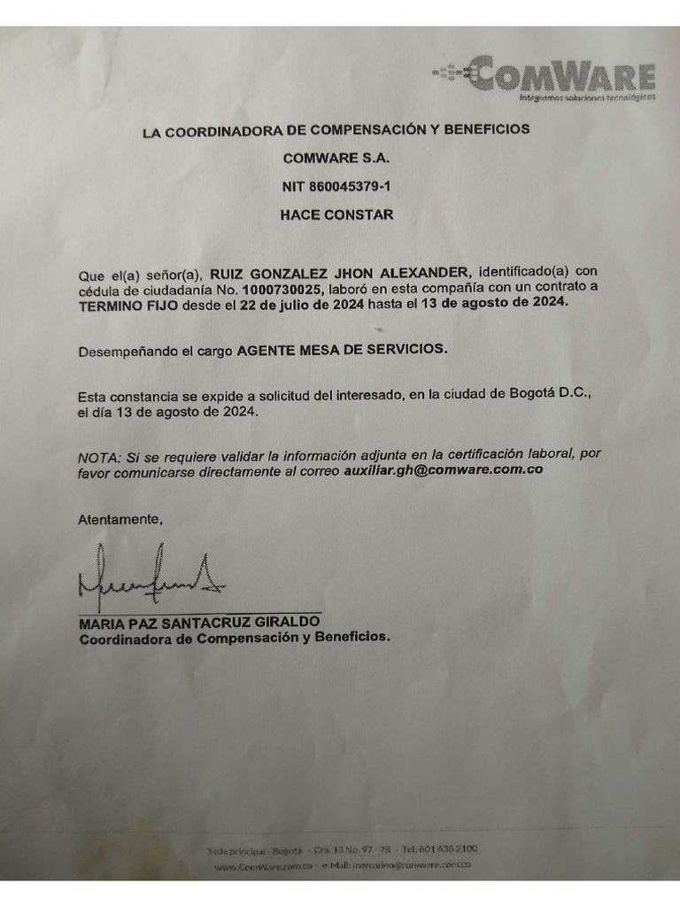 Certificado Laboral ComWare | PDF