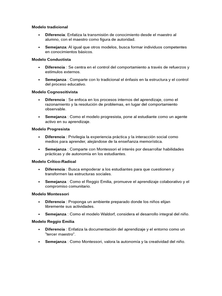 Comparativa de Modelos Pedagógicos | PDF | Aprendizaje | Educación ...
