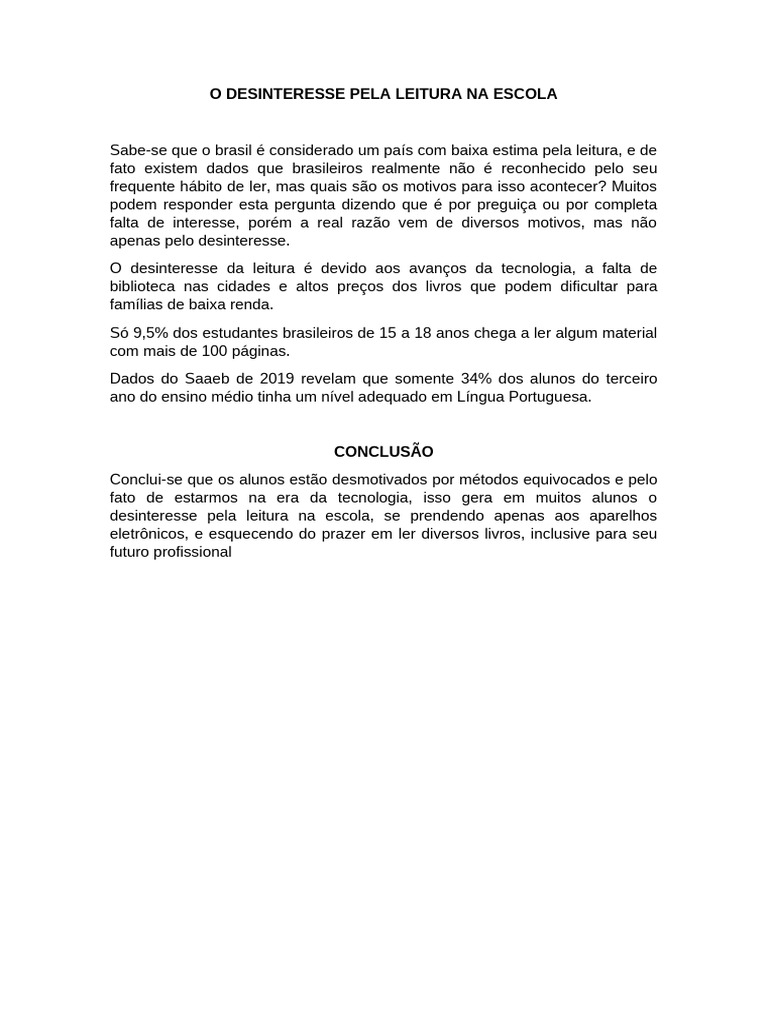 Desinteresse pela Leitura na Escola | PDF