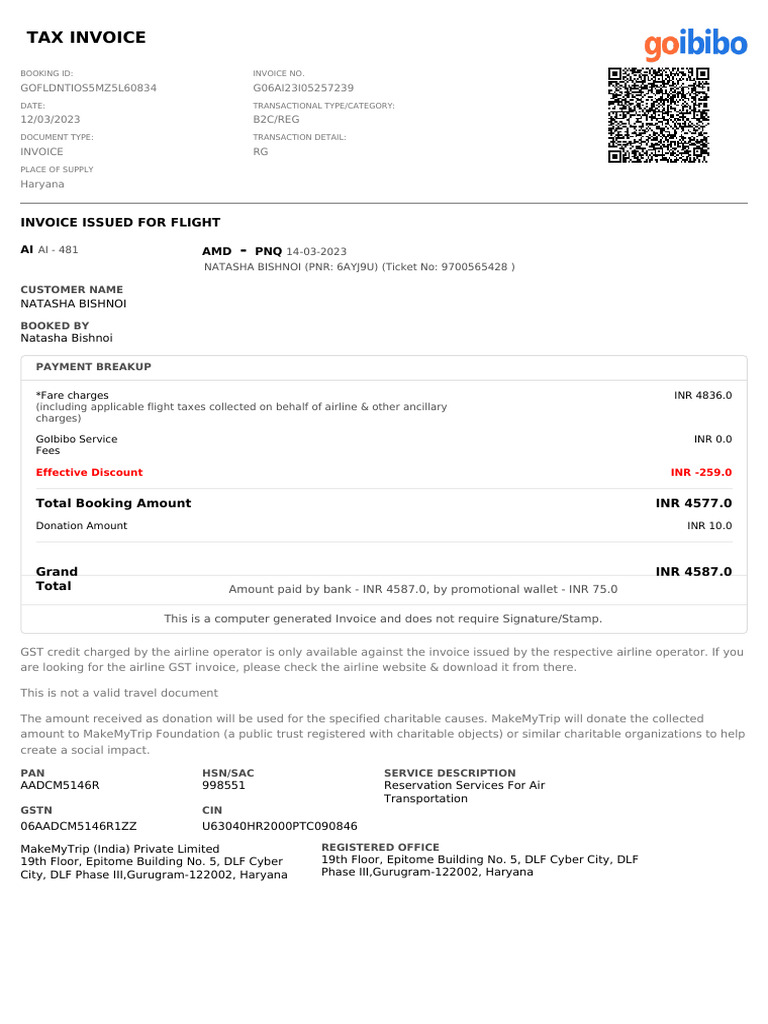 Booking Invoice G06ai23i05257239 PDF | PDF | Invoice | Payments