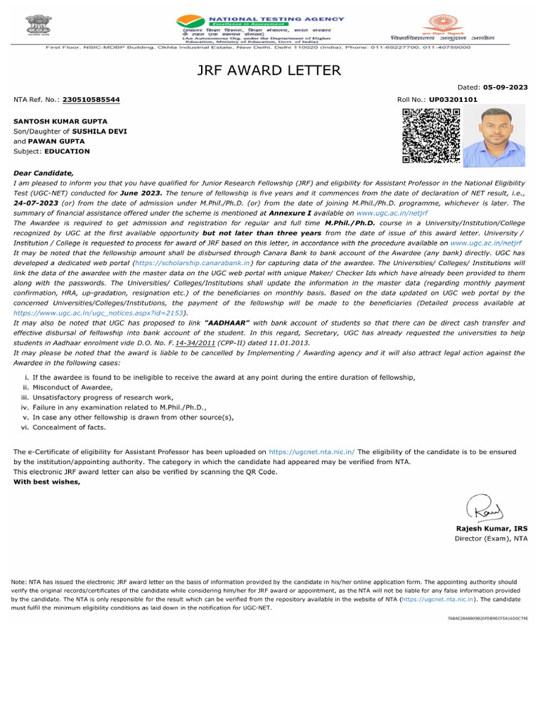 JRF Award Letter230510585544 | PDF