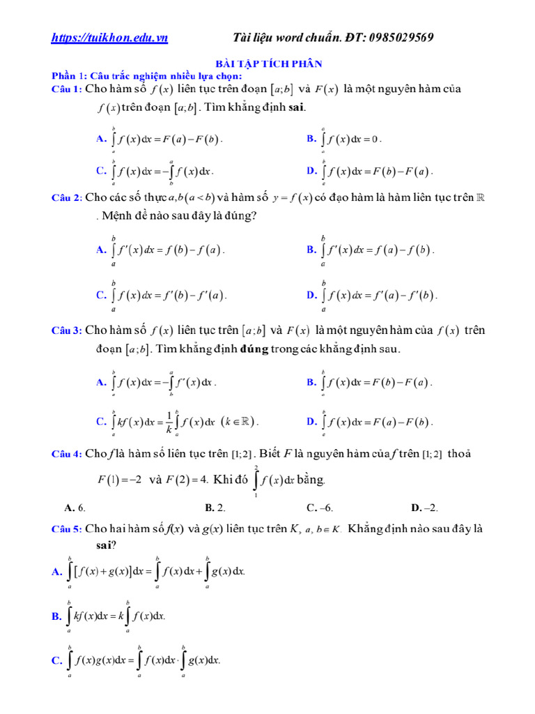 150 Câu Tích Phân - 1 | PDF