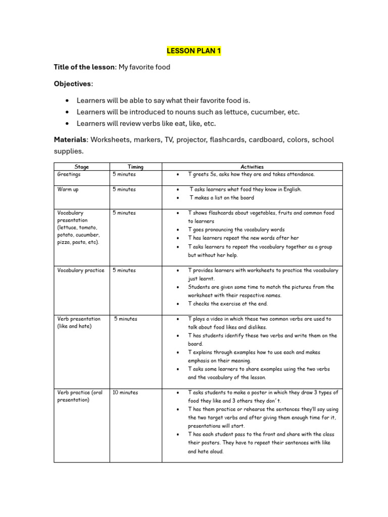 Lesson Plan 1 | PDF | Vocabulary | Verb