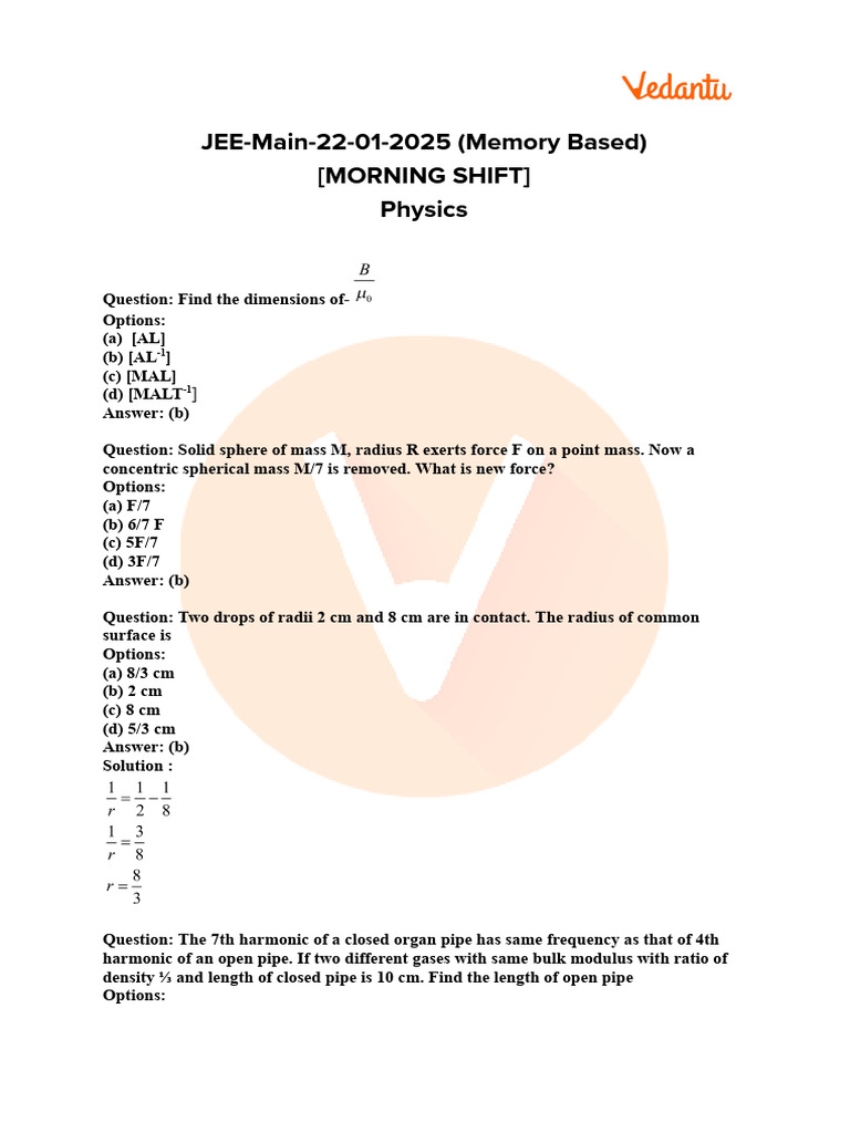 JEE Main 2025 Shift 1 Question Paper | PDF | Capacitor | Physical ...