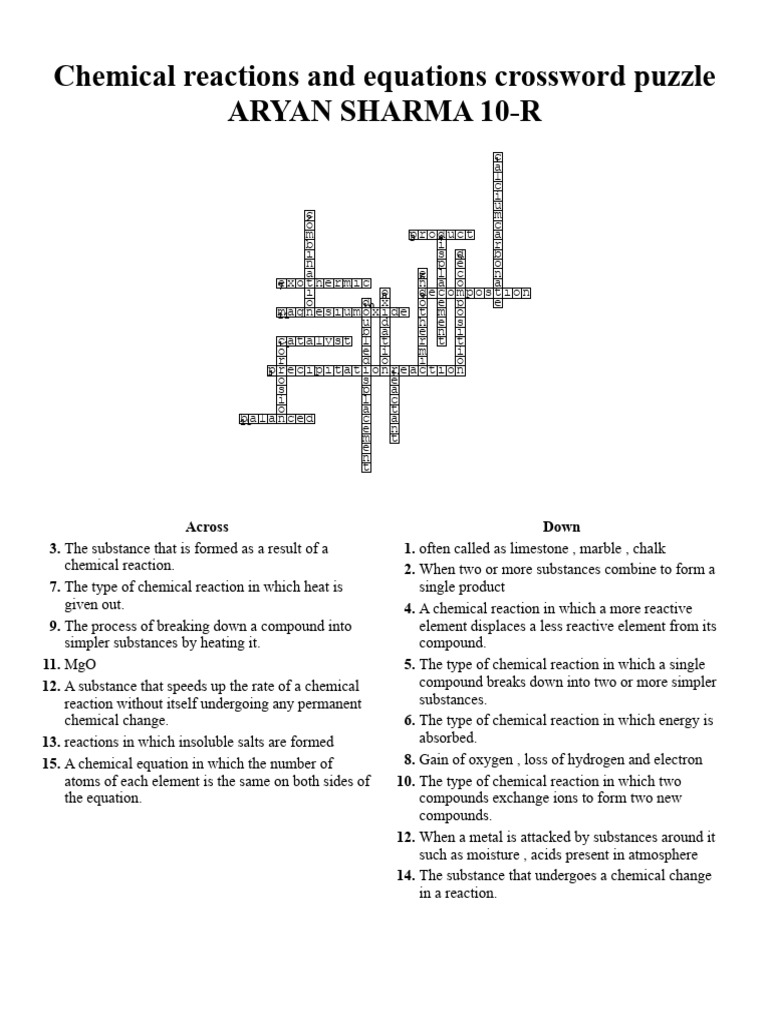 Chemical Reactions Crossword Puzzle | PDF | Chemical Substances ...