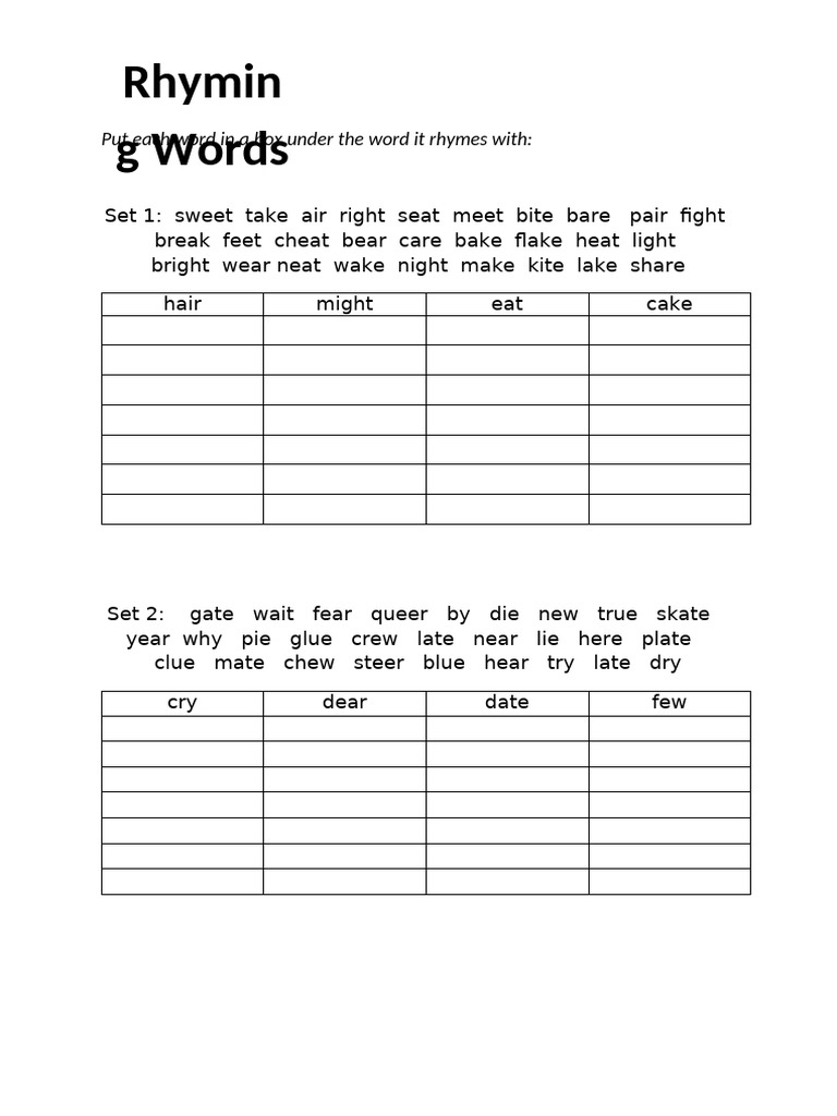 Rhyming Words Pdf