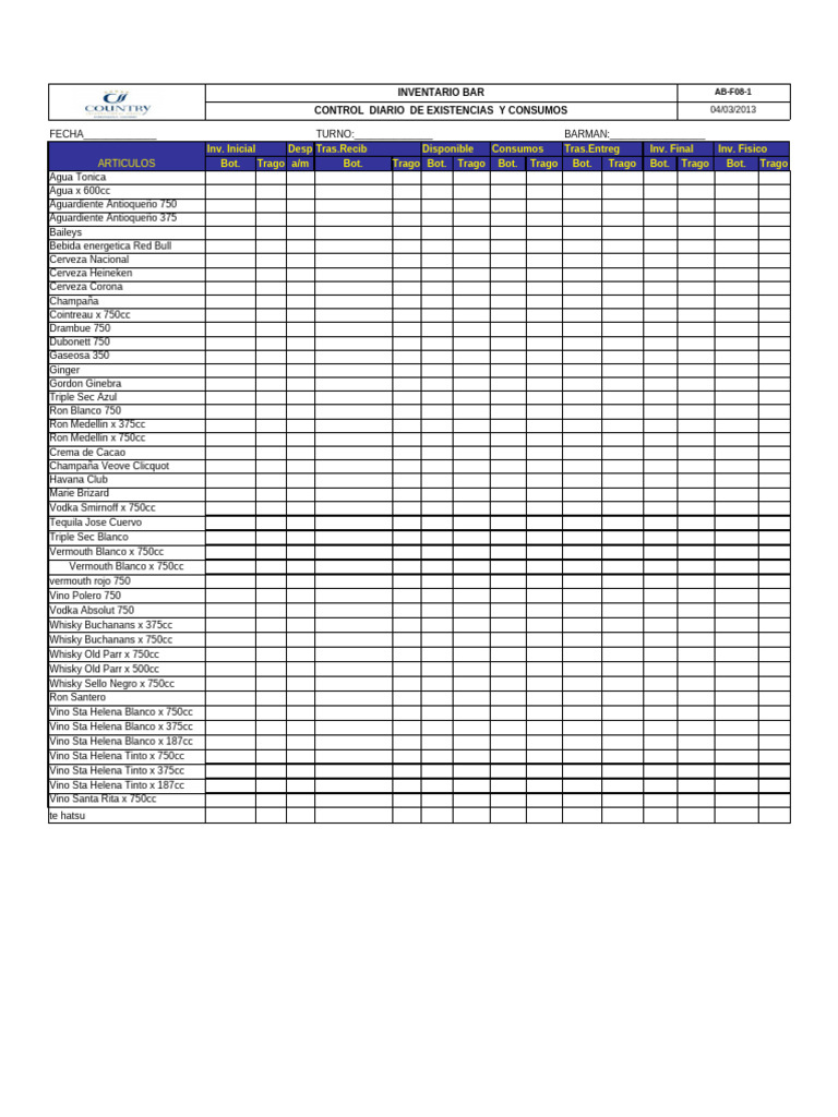 Control de Inventario de Bar Diario | PDF