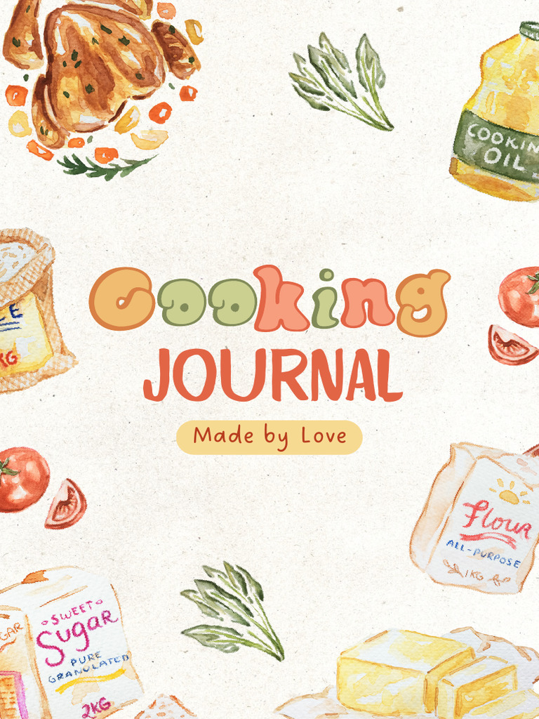 Cream Watercolor Illustration Cooking Journal Cover A4 Document | PDF