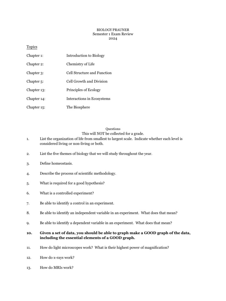 BIO+Semester+1+Review+2024 | PDF