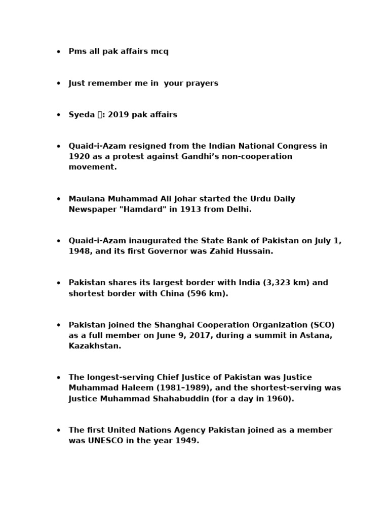 Pakistan Affairs MCQs and Key Facts | PDF | Pakistan | Muhammad Ali Jinnah