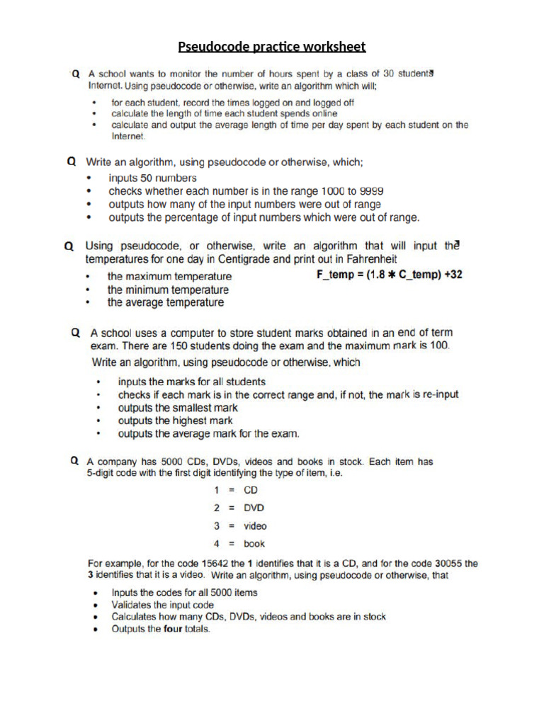 Pseudocode Practice Worksheet | PDF