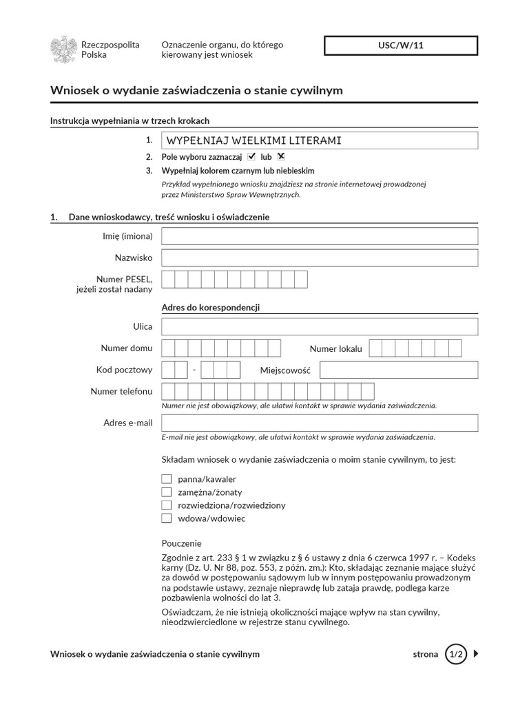 Wniosek o wydanie zaswiadczenia o stanie cywilnym jakiwniosek pl PDF